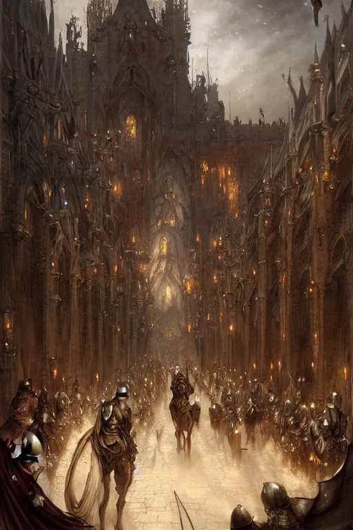 Image similar to medieval parade of knights, holiday, by wlop, by luis royo, by peter mohrbacher, concept art, digital illustration, intricate, masterpiece, elegant, super detailed, unreal engine rendering, smooth, sharp focus, artstation hq