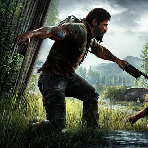 Image similar to videogame screenshot of dwayne johnson in the last of us