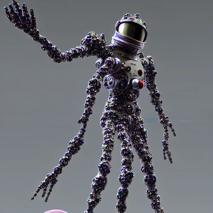 Image similar to a cybernetic symbiosis of a single astronaut mech-organic eva suit made of pearlescent wearing anodized thread knitted shiny ceramic multi colored yarn thread infected with kevlar,ferrofluid drips,carbon fiber,ceramic cracks,gaseous blob materials and diamond 3d fractal lace iridescent bubble 3d skin dotted covered with orb stalks of insectoid compound eye camera lenses orbs floats through the living room, film still from the movie directed by Denis Villeneuve with art direction by Salvador Dalí, wide lens,