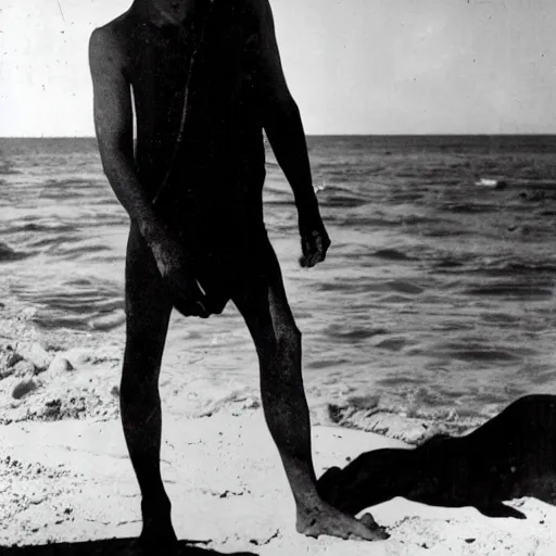 Prompt: count orlok shows off his tanlines, beach photograph