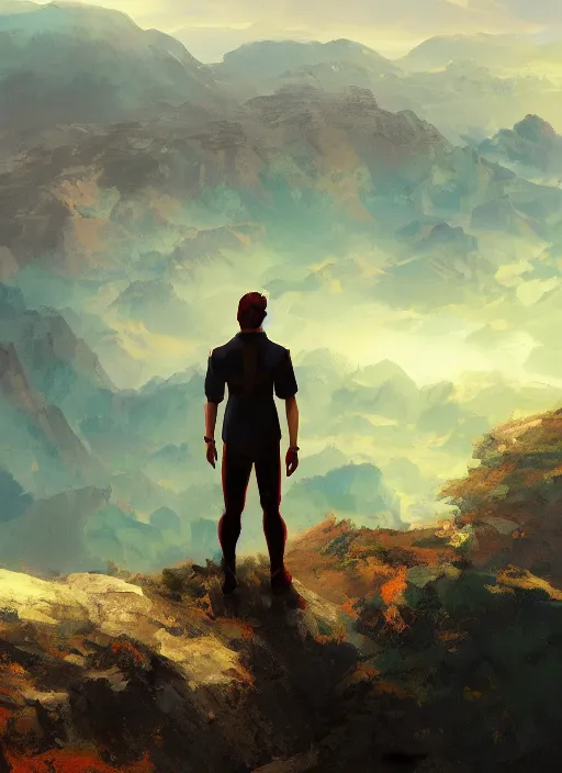 Image similar to a man standing on a viewpoint looking out over a beautiful landscape where new and exciting adventure and potential await, digital art, artstation, inspiring