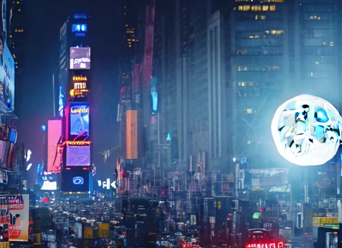 Image similar to film still of the moon shattering into pieces over time square in the new sci - fi movie, 8 k, night time