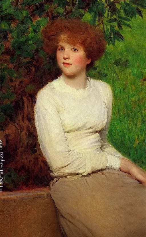 Prompt: portrait of a young woman!! daydreaming! brown fuzzy!!! hair, short hair!! green wallpaper background! by eugen von blaas