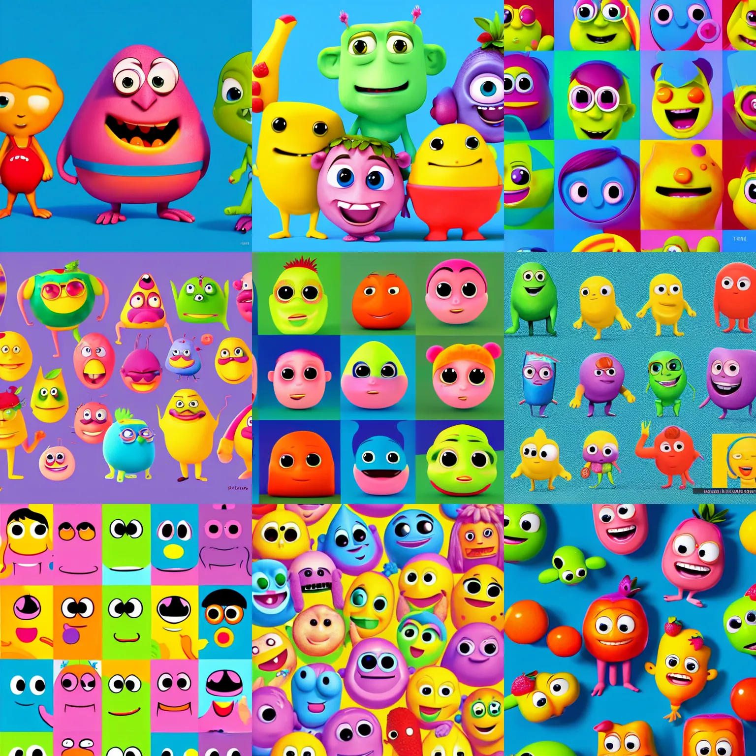 Prompt: happy cute friendly fun playing tutti frutti characters, pixar, digital, vivid, hyperdetailed