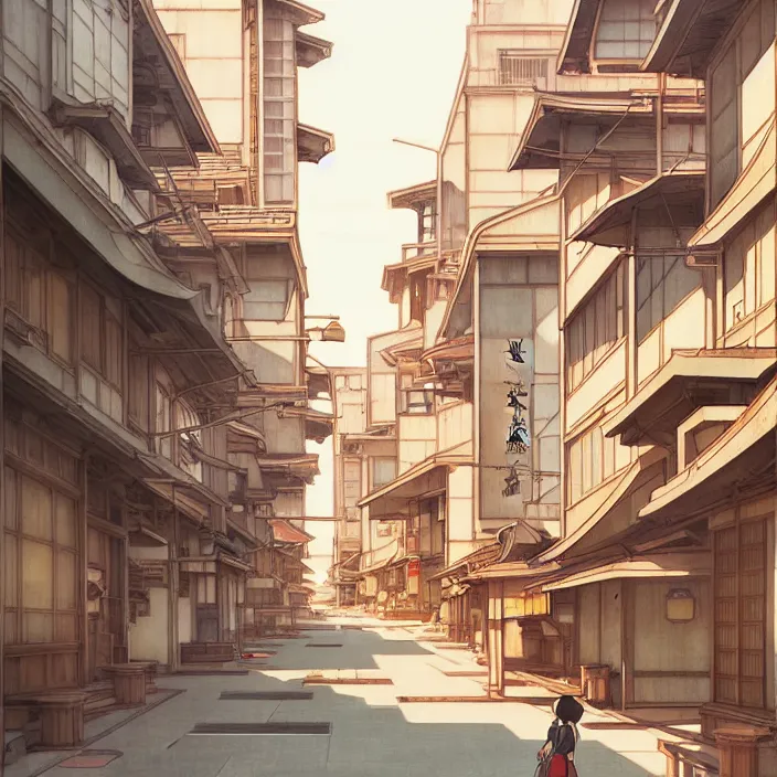 Image similar to empty japanese city, summer, in the style of studio ghibli, j. c. leyendecker, greg rutkowski, artem