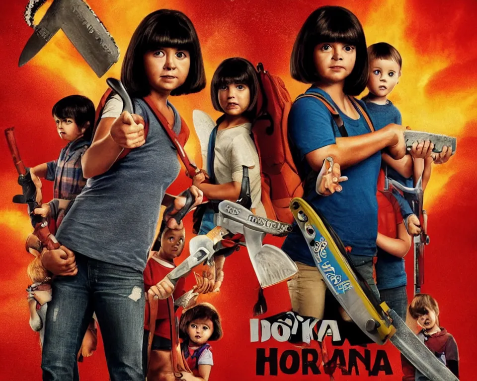 Image similar to a horror movie poster featuring Dora holding a Chainsaw