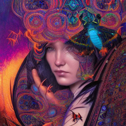 Prompt: A reality bending psychedelic ayahuasca experience in semi darkness with many fire flies, colorful, distorted, surreal, tropical bird feathers, dramatic lighting on the face, intricate, elegant, highly detailed, digital painting, concept art, smooth, sharp focus, illustration, art by Krenz Cushart and Wayne Barlowe and alphonse mucha