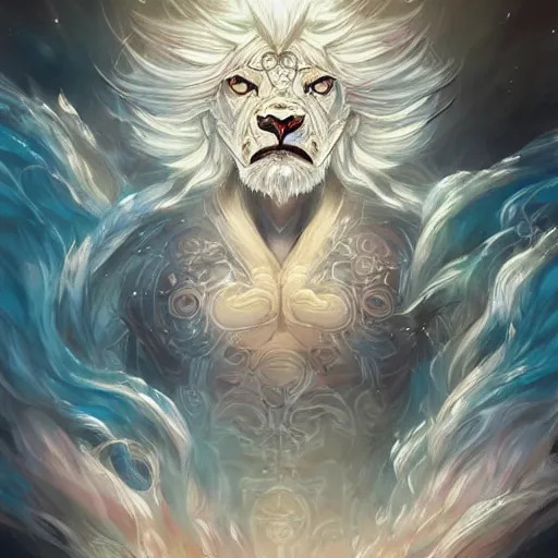 Prompt: aesthetic portrait commission of a albino muscular and attractive anthro lion with mane turning into cosmic smoke while wearing an attractive pastel greek jeweled outfit floating inside a floating greek palace in the clouds, minimalistic art, hyperdetailed. Character design by charlie bowater, ross tran, artgerm, and makoto shinkai, detailed, inked, western comic book art, 2021 award winning painting