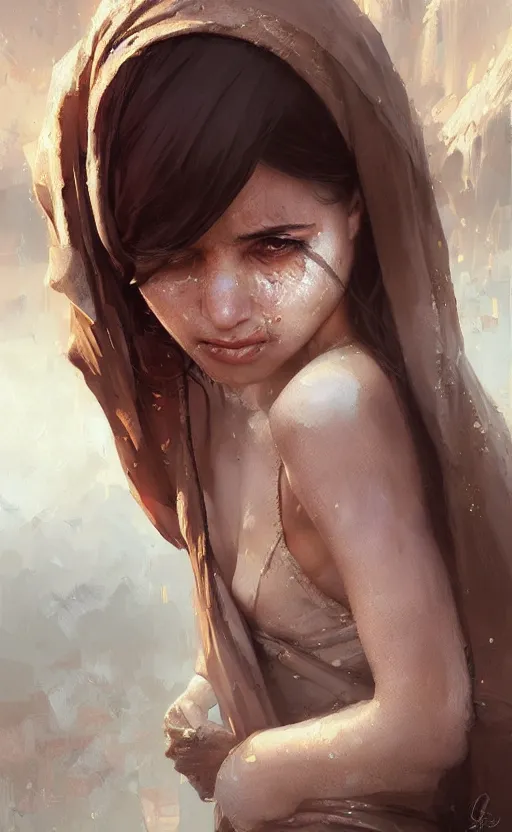 Image similar to arabian girl beauty crying ,digital art,ultra realistic,ultra detailed, ultra wide Lens, art by greg rutkowski