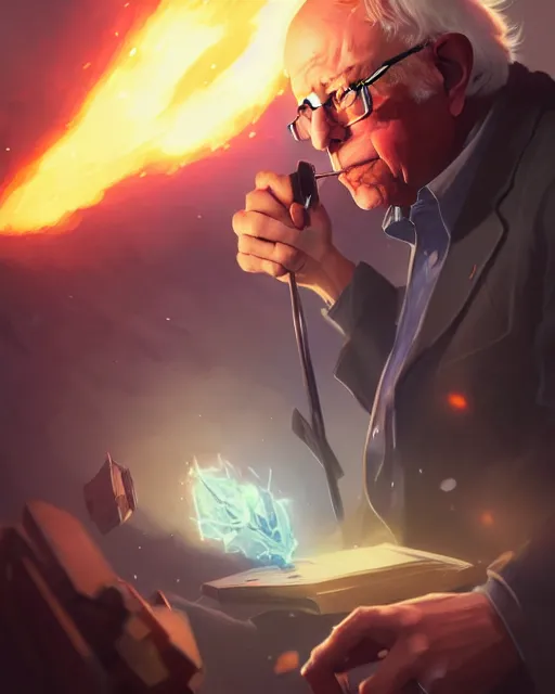 Image similar to bernie sanders as a league of legends champion, medium shot close up, details, sharp focus, illustration, by jordan grimmer and greg rutkowski, trending artstation, digital art