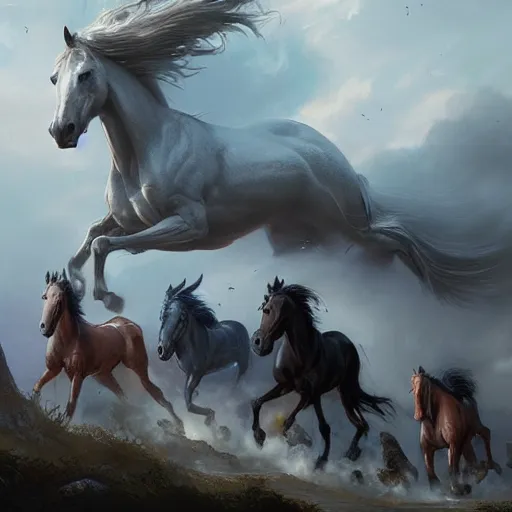 Image similar to the four horses of the apocalypse, digital Art, Greg rutkowski, Trending artstation, cinematographic, hyperrealistic