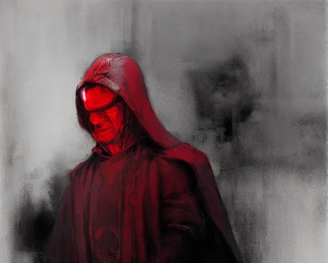 Image similar to portrait of palpatine ian mcdiarmid emperor with a hood in shades of grey but with red by jeremy mann