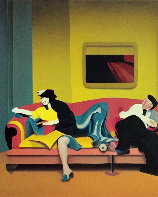 Image similar to old dead couple on couch watching a large obsidian television screen inside a yellow art deco interior room in the style of Francis Bacon and Syd Mead, open ceiling, highly detailed, painted by Francis Bacon and Edward Hopper, painted by James Gilleard, surrealism, airbrush, very coherent, triadic color scheme, art by Takato Yamamoto and James Jean