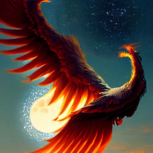 Prompt: phoenix flying in front of the moon, glowing light, fire, oil painting by greg rutkowski, 8 k