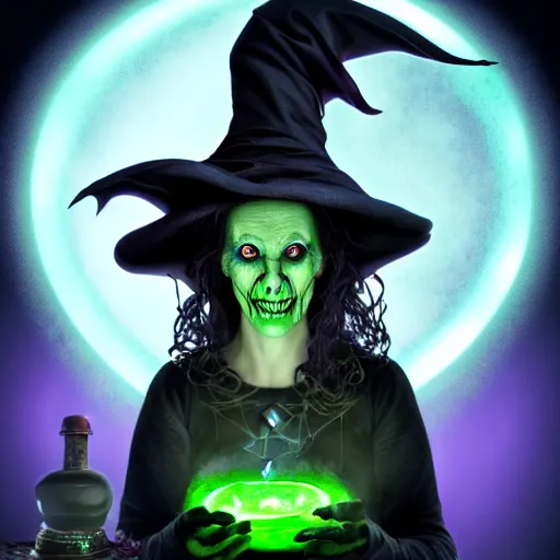 Image similar to a portrait of a scary ugly witch that is brewing a wicked potion in her cauldron that is marked with magical symbol that are glowing, highly detailed, digital photo, hdri, by christopher bretz and john carpenter, vivid colors, high contrast, 8 k resolution, intricate, photorealistic, smooth, psychedelic color scheme, concept art, award winning, cg society contest winner