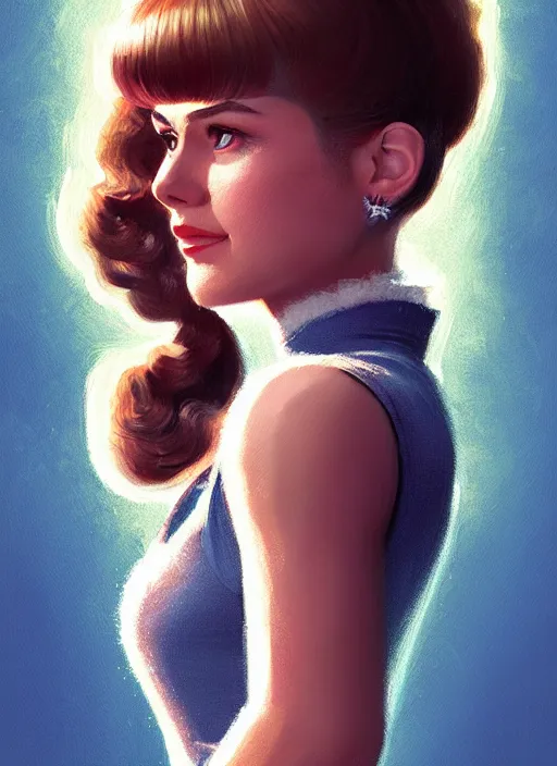 Prompt: portrait of betty cooper with fluffy bangs, bangs, 1 9 6 0 s, ponytail, curly bangs and ponytail, rounder face, intricate, elegant, glowing lights, highly detailed, digital painting, artstation, concept art, smooth, sharp focus, illustration, art by wlop, mars ravelo and greg rutkowski