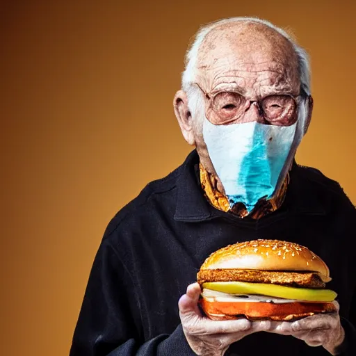 Image similar to an elderly man wearing a mask made from a cheeseburger, bold natural colors, national geographic photography, masterpiece, 8 k, raw, unedited, symmetrical balance