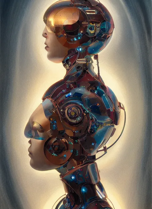 Prompt: portrait of a beautiful female android, coy, circuitry visible in head, in the style of ex machina, karol bak, greg rutkowski, artstation,