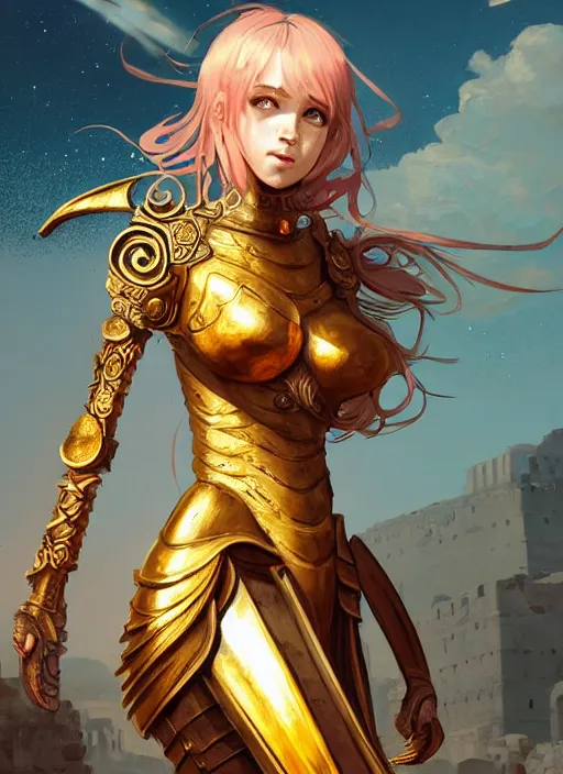 Image similar to portrait knights of zodiac girl, golden and copper shining armor, in ruined agora of athens sunrise, ssci - fi and fantasy, intricate and very very beautiful and elegant, highly detailed, digital painting, artstation, concept art, smooth and sharp focus, illustration, art by ilya kuvshinov and tian zi and wlop and z - - ed