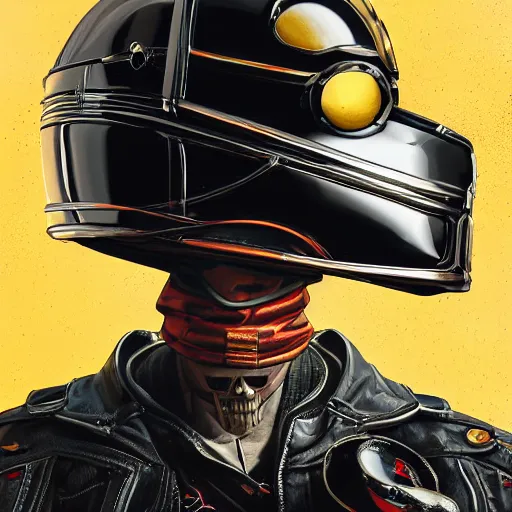 Image similar to a portrait of an anthropomorphic vintage skull in a racing helmet by sandra chevrier, detailed render, epic composition, cybernetics, 4 k realistic, cryengine, realistic shaded lighting, sharp focus, masterpiece, by matteo scalera, gary montalbano, peter elson in the style of the tokyo ghost comic