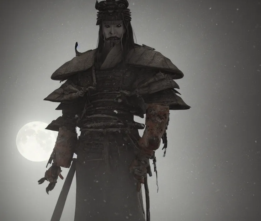 Prompt: a samurai haunted by ghosts full moon on background , gloomy and foggy atmosphere, octane render, artstation trending, horror scene, highly detailded