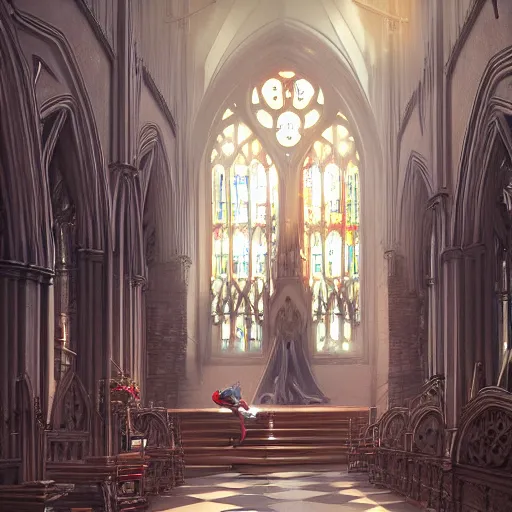 Image similar to angel protecting man who is praying inside a gothic church by Stanley Artgerm Lau, WLOP, Rossdraws, James Jean, Andrei Riabovitchev, Marc Simonetti, Yoshitaka Amano, ArtStation, CGSociety