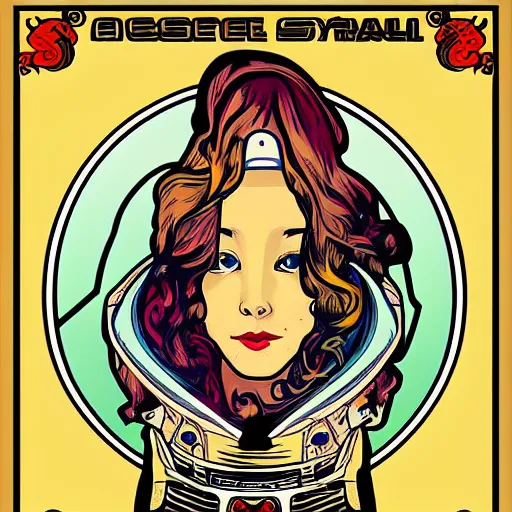 Prompt: astronaut female skull portrait in the style of and Alphonse Mucha and Disney illustration pop art