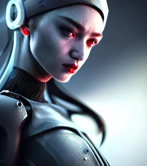 Image similar to complex 3 d render, hyper detailed, ultrasharp, cyberpunk android girl, digital portrait, concept art, illustration, natural soft rim light, hyper realistic, ultra detailed, 0 6 0 8 wear techwear clothing, octane render, darriel diano style, volumetric lighting, 8 k post - production, artstation hq, unreal engine 5, unity engine