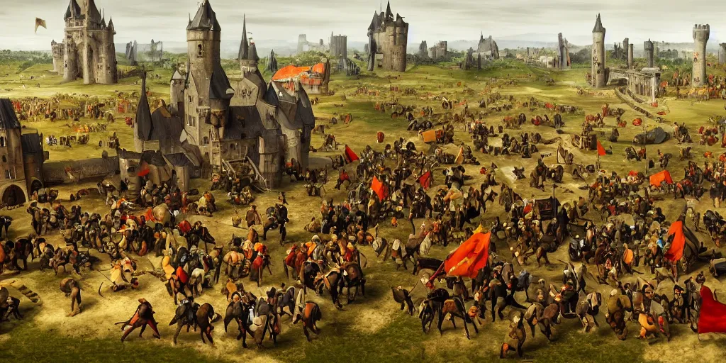 Prompt: RTS gameplay third person in style of Brueghel paintings, painting, Stronghold strategy gameplay, high detailed,dark fantasy, dark tones, medieval, snow, buildings, castle, armored units, red flags, cavalry,RPG, high detailed, contrast, octane render,mill, farm, creative