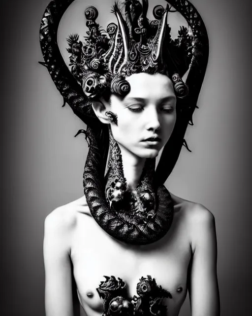 Image similar to dark background, a black and white high quality dreamy photo of a young beautiful female queen-dragon-vegetal-cyborg bust with a very long neck and delicate Mandelbrot fractal face, elegant, highly detailed, flesh highly baroque ornate, hair are curled wired cables, elegant, poetic, soft, dreamy, mysterious, high fashion, rim light, in the style of Ellen von Unwerth, Realistic, Refined, Digital Art, Highly Detailed, Cinematic Lighting, rim light, black and white, photo-realistic, 8K