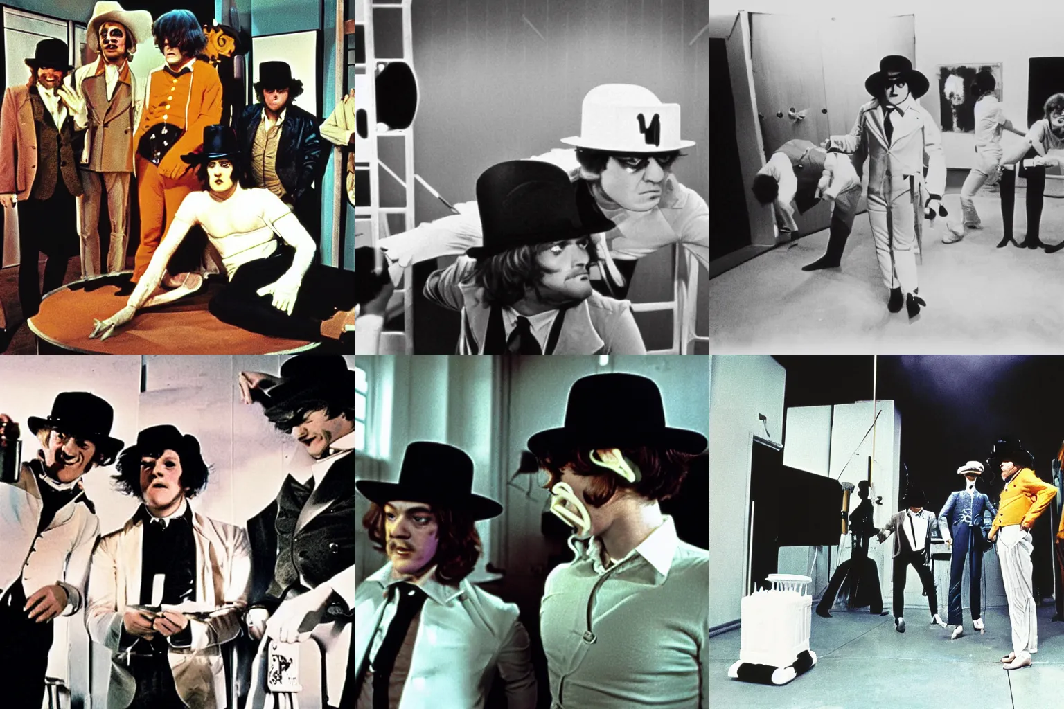 Prompt: A Clockwork Orange behind the scenes, full color production photograph from 1972