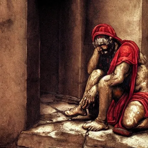 Image similar to ragged leper begging for coins on a streetcorner in biblical times. The street is very dusty. The leper wears brown sandals. art by michaelangelo. Black, white, red color scheme. Tricolor image. Black, white, red.