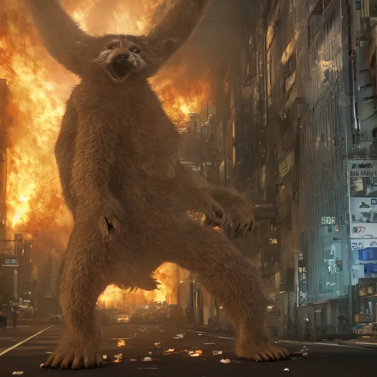 Image similar to wide angle octane render by wayne barlow and carlo crivelli and glenn fabry, a giant raccoon kaiju inside the burning streets of tokyo, cinema 4 d, ray traced lighting, very short depth of field, bokeh
