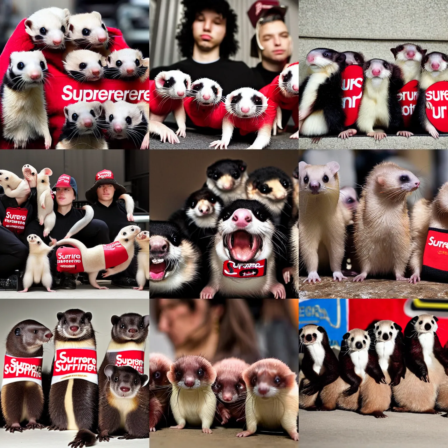 Prompt: a group of ferrets wearing supreme