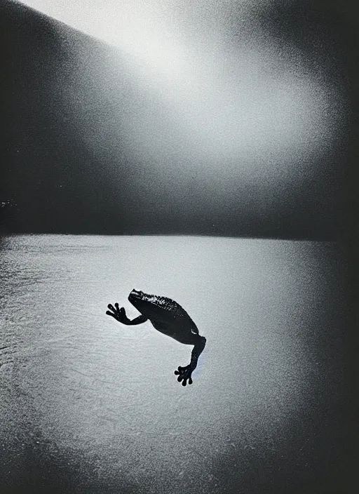 Image similar to “semitranslucent smiling frog amphibian vertically hovering over misty lake waters, frog in Jesus Christ pose, low angle, long cinematic shot by Andrei Tarkovsky, paranormal, eerie, mystical”