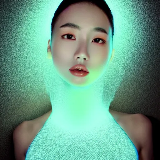 Image similar to beautiful japanese model with led projection skin, neon lighting, portrait photo