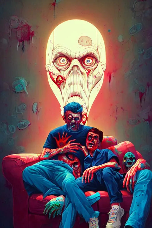 Image similar to a zombie dad sitting on the couch and watching tv, tristan eaton, victo ngai, artgerm, rhads, ross draws