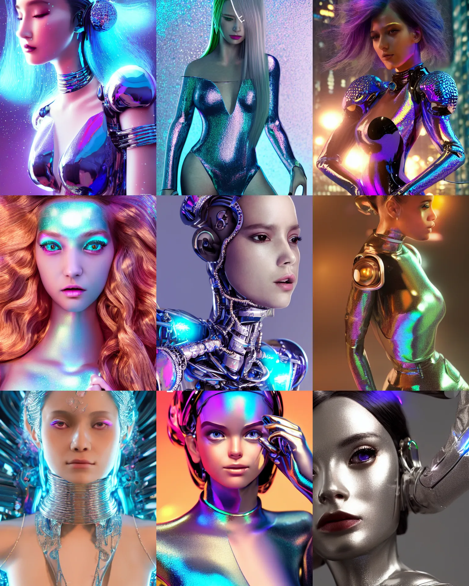 Prompt: BOTS magazine cover portrait :: of a cute gorgeous shiny pearlescent iridescent young woman cyborg on a crowded packed nyc sidewalk, high fashion photoshoot, elaborate hair worn up, intricate details, jewelry, chrome bodysuit, :: octane render, volumetric lighting, trending on artstation, anime girl, ue5, rossdraws, blender render, photoreal, sci-fi, science fiction, :: Madison beer, adriana lima, ::