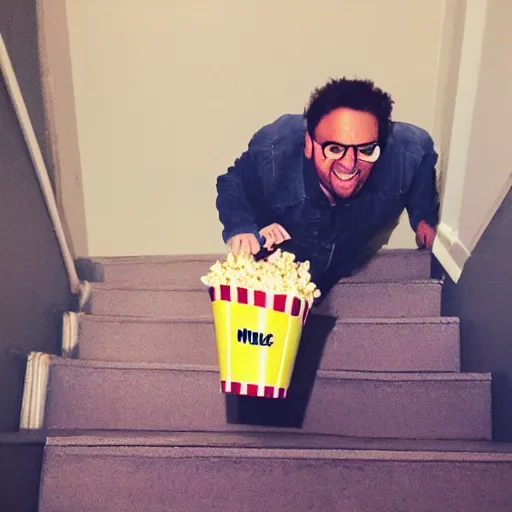 Image similar to mike wazowski falling down the stairs with a bucket of popcorn, iphone photo