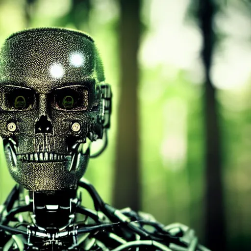 Image similar to super detailed portrait of a terminator's head, packed with cybernetics and and borg enhancements. In a forest with bokeh.