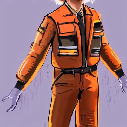 Image similar to character concept art of heroic stoic emotionless butch blond handsome woman engineer with very short slicked - back butch hair, narrow eyes, wearing atompunk jumpsuit, orange safety vest, retrofuture, highly detailed, science fiction, illustration, oil painting, realistic, lifelike, pulp sci fi, cinematic