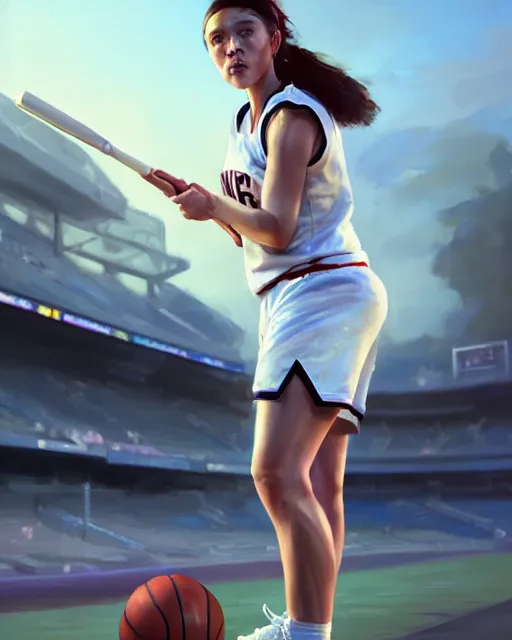 Image similar to epic portrait cinematic shot an female basketball player, white shirt, shorts, a cap, a baseball bat, stadium backround, sunny, fine details. night setting. realistic shaded lighting poster by craig mullism, artgerm, jeremy lipkin and michael garmash, unreal engine, radiant light, detailed and intricate environment, digital art, trending on art station,