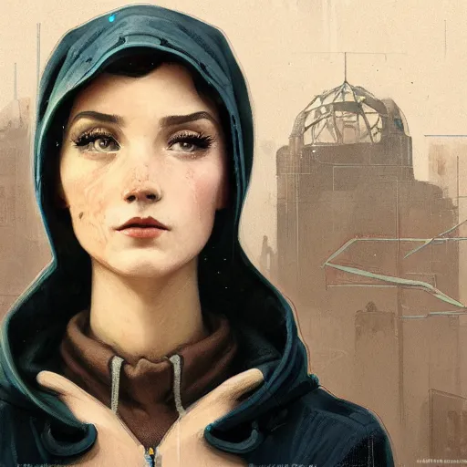Prompt: character portrait of a 1950s girl in a hoodie with a pixie cut, dystopian cyberpunk steampunk soviet mood, intricate, wild, highly detailed, digital painting, artstation, upper body, concept art, smooth, sharp focus, illustration, art by artgerm and greg rutkowski and alphonse mucha
