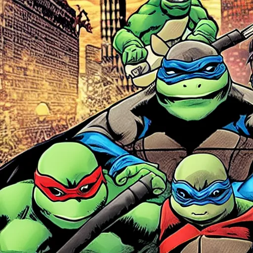 Image similar to ninja turtles fighting batman