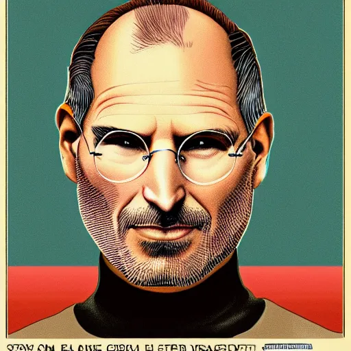 Image similar to Steve Jobs depicted in an old style propaganda poster