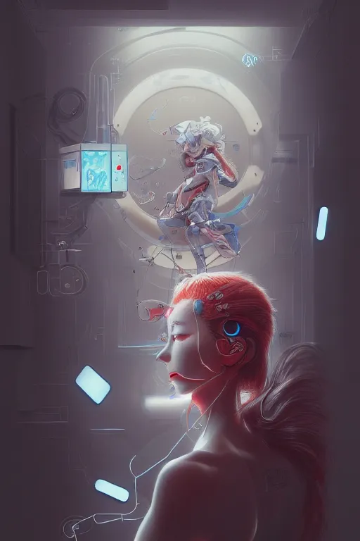 Image similar to hyperrealistic photography of a machine entering a female host in the style of Jin Kagetsu, James Jean and wlop, highly detailed, sharp focus, intricate concept art, digital painting, 4k, artstation