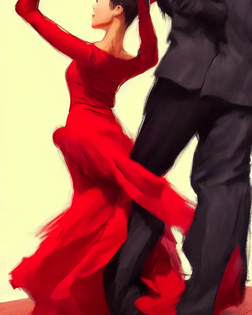 Image similar to Dancing Gesture draw by Stanley Artgerm Lau, Gesture draw, Salsa Dance, couple, lady using red dress, guy using a fancy suit, Salsa tricks, WLOP, Rossdraws, James Jean, Andrei Riabovitchev, Marc Simonetti, and Sakimichan, trending on artstation