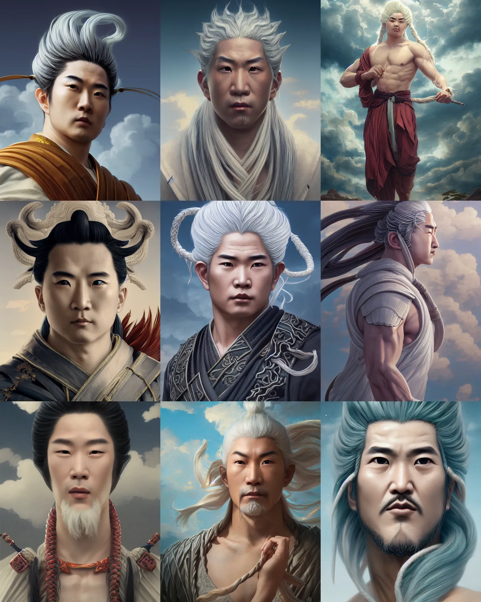 Prompt: portrait, fujin, male japanese god of wind, long braided white hair, mk 1 1, dramatic, very detailed, ornate, sky, clouds, 8 k, octane render, william bouguereau, rossdraws, greg rutkowski