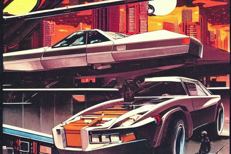 Prompt: 1979 OMNI Magazine Cover depicting a car-lift with a hidden operating room underneath. Cyberpunk Akira style by Vincent Di Fate