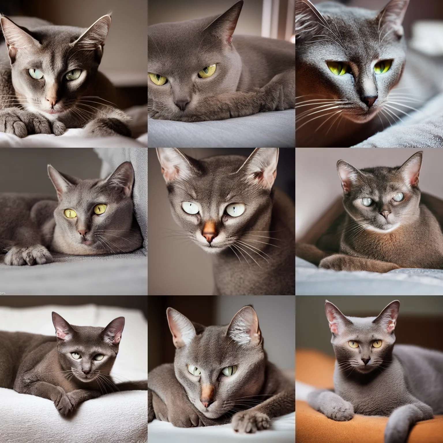 Prompt: beautiful old grey abyssinian cat is lying on a bed and staring at the camera with a serious look. professional animal photography, 3 5 mm lense, indoor shot, soft lighting.